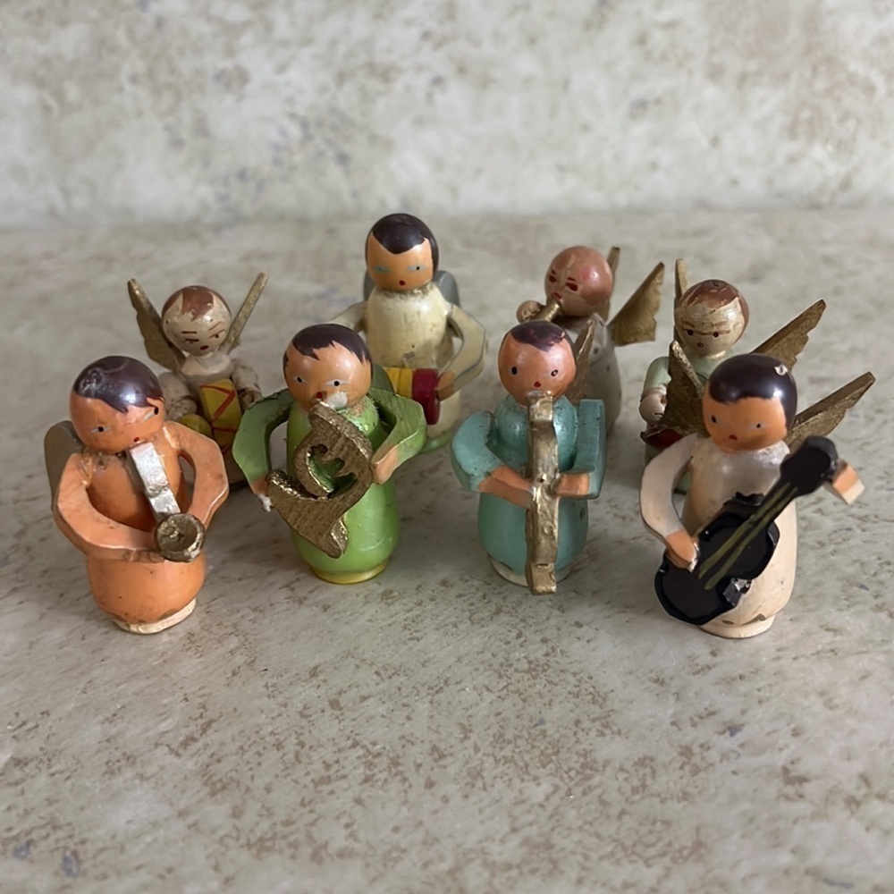 Vintage set of 8 Miniature Wooden Angel Musicians Japan